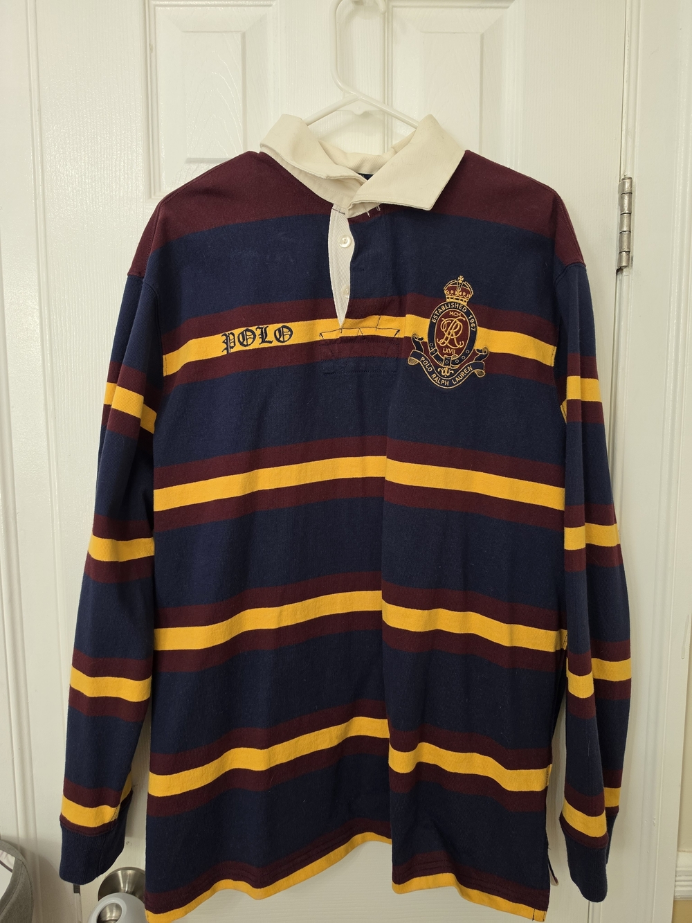 Polo by Ralph Lauren Men’s Navy, Burgundy & Gold Striped Rugby Shirt